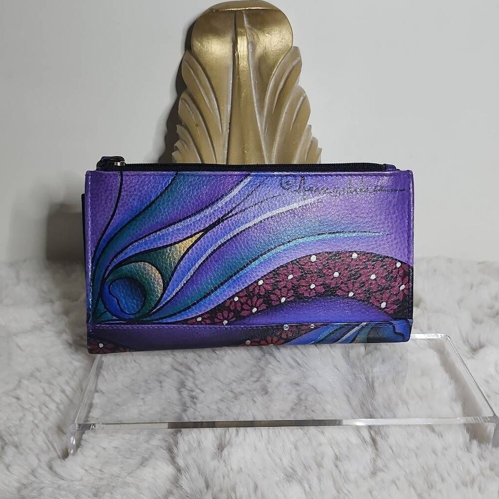 Anna by Anuschka Hand Painted Leather  Clutch Wallet "Dreamy Peacock Dewberry" - Picture 2 of 8